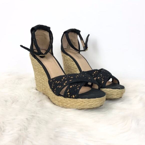 Candie's Shoes - Candie’s 9 M Womens Black Canvas Ankle Strap Espadrille Wedge Sandals